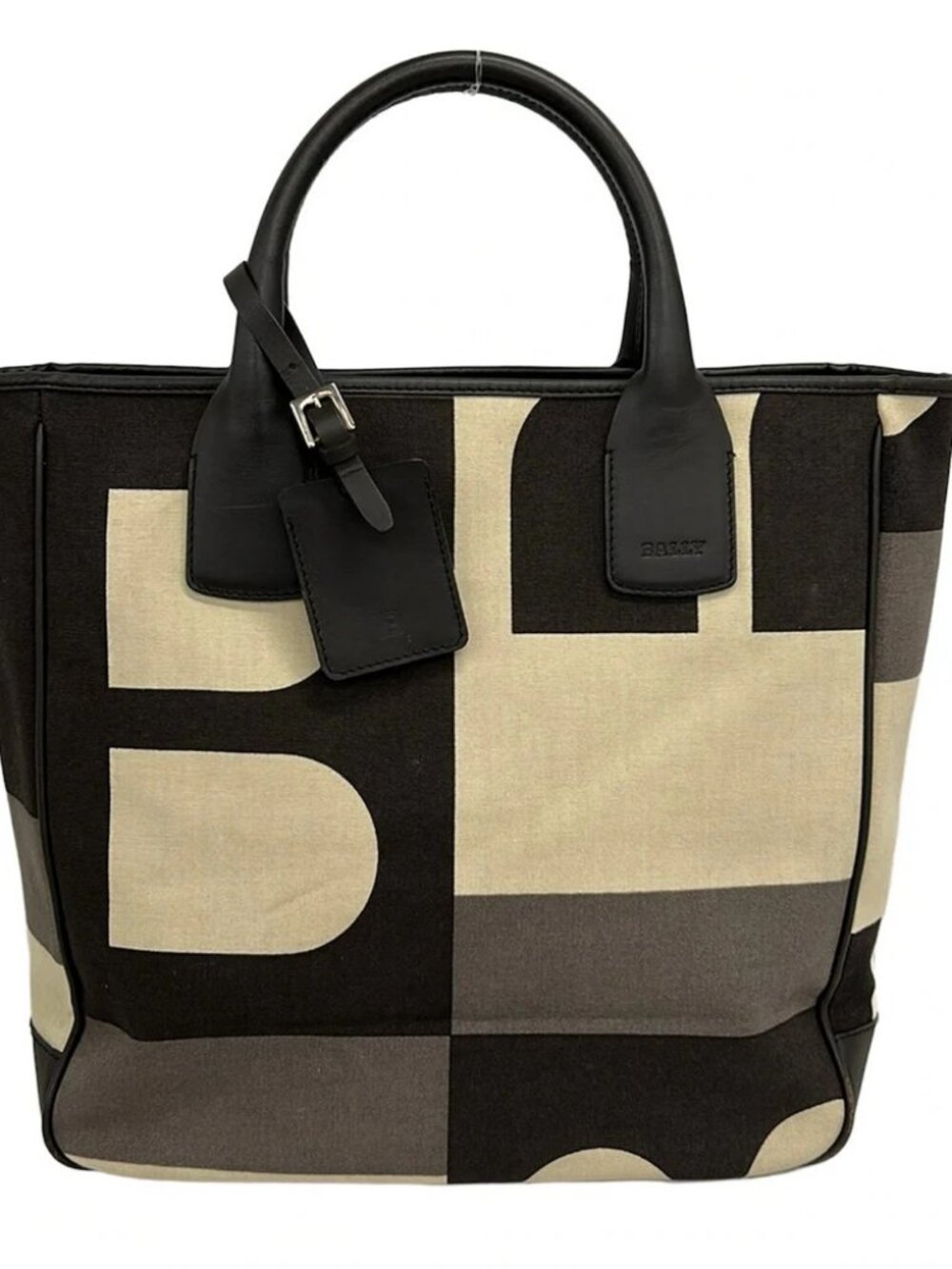 BALLY Busy B Cream Dark Brown Dark Gray Canvas Leather Tote Bag